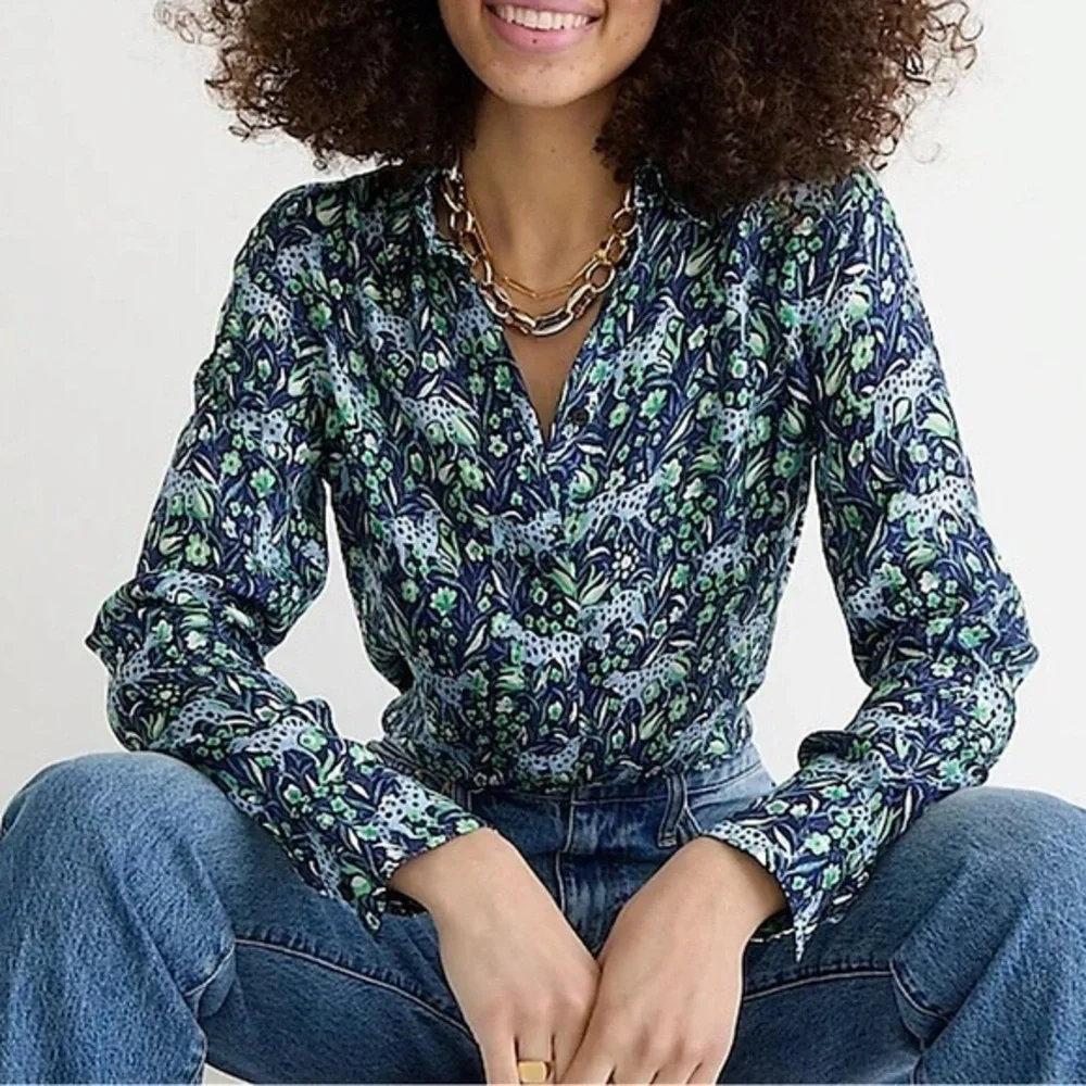 J. Crew blue and green floral leopard button down blouse